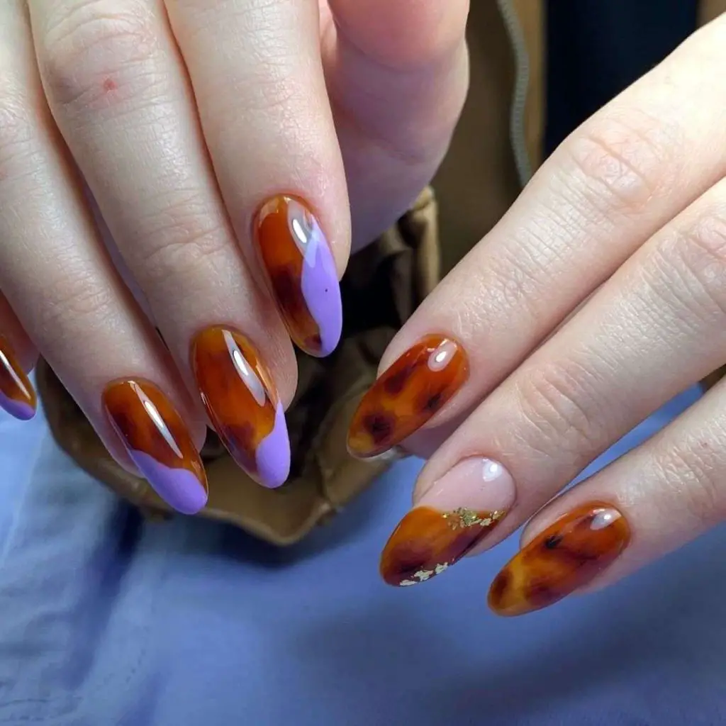 Marble Almond Nails With Tortoise Shell Design