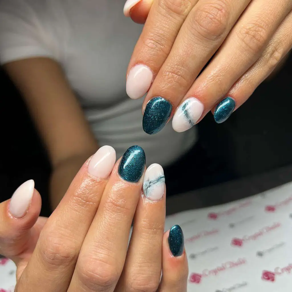 Milky White Marble Nails With Dark Blue Marble Nails
