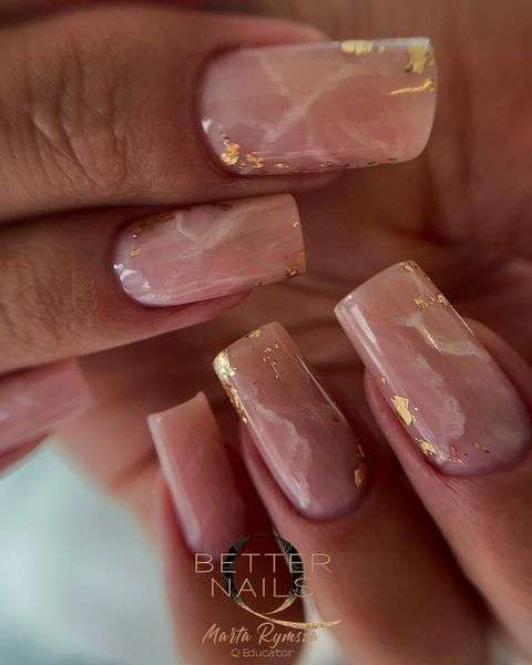 Pink Marble Nails With Gold