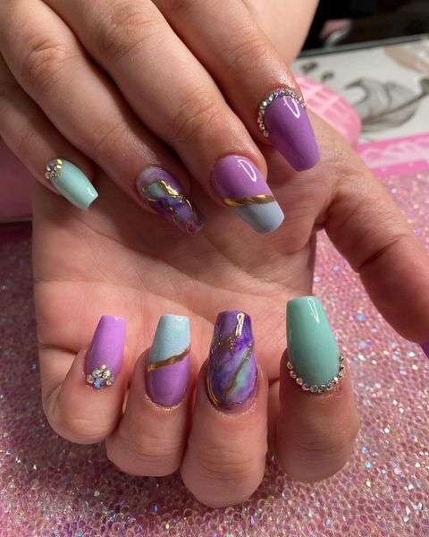 Blue And Purple Marble Nails Coffin Shaped
