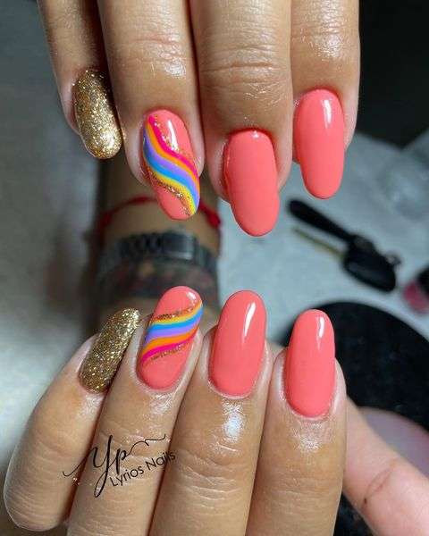 Gold And Rainbow Nails