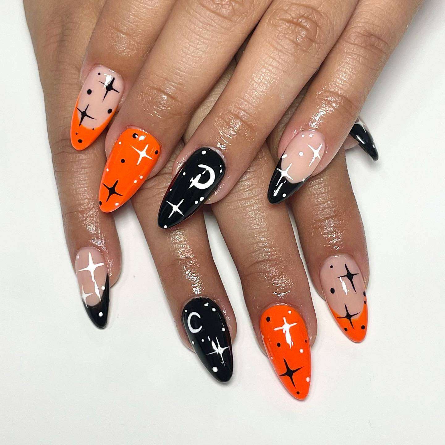 Starry Black And Orange Halloween Nail Designs