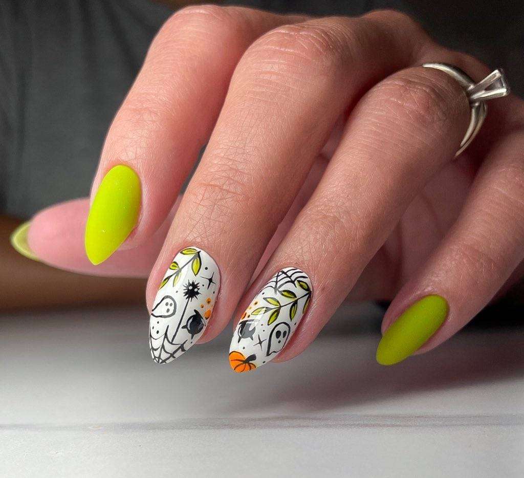 Lime Green Nails With Cute Halloween Nail Art