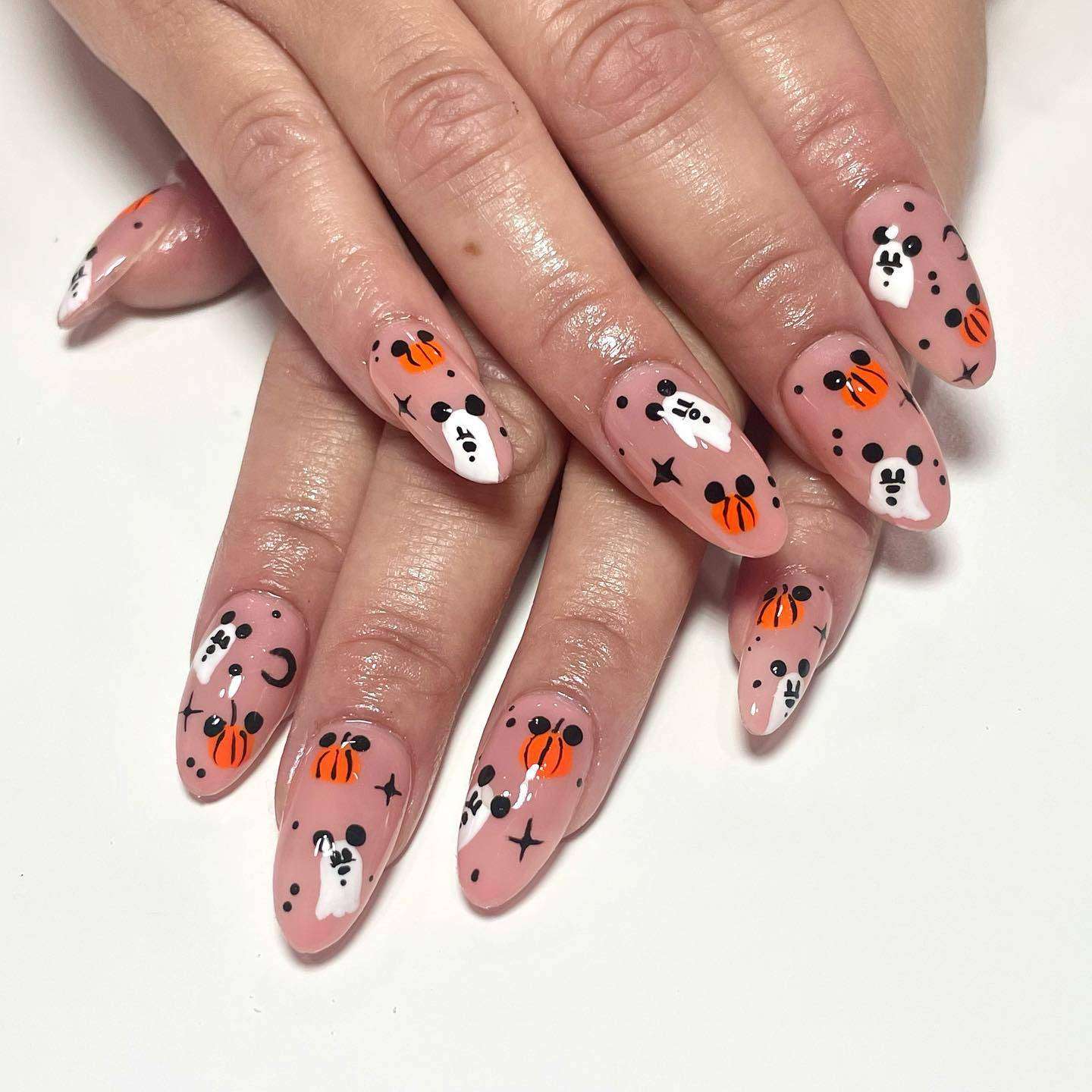 Cute Mickey Ghost Nude, Black And Orange Nails For Halloween