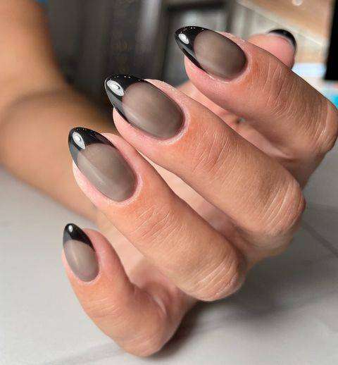 Glass Black And Glossy Black French Tip Halloween Nails