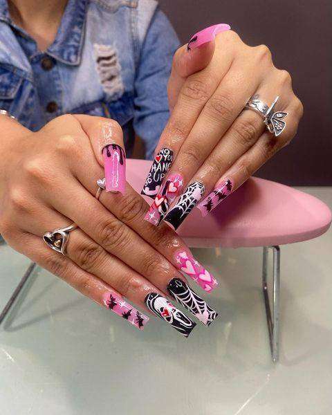 Baddie Black And Pink Halloween Nails