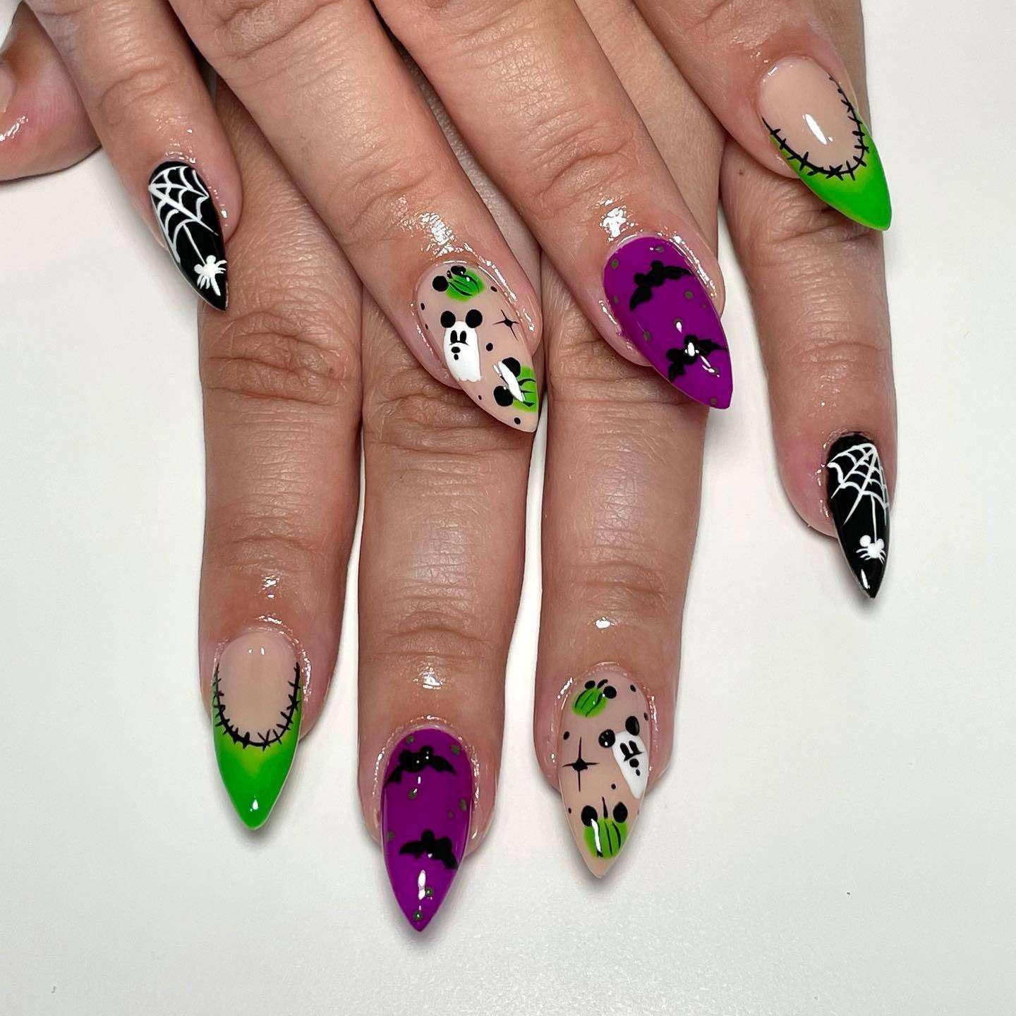 Green And Black And Purple Halloween Nails