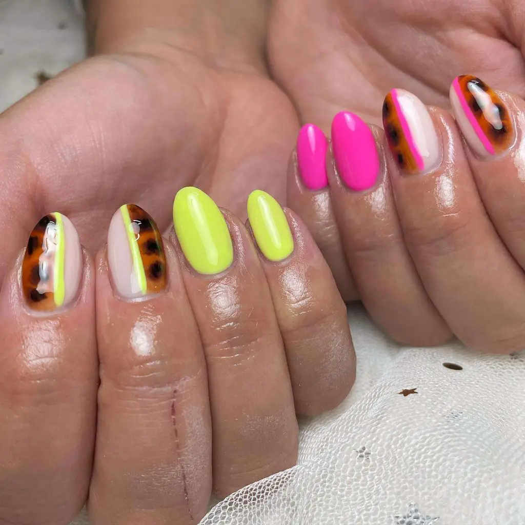 Neon Green And Neon Pink With Tortoise Shell Nails