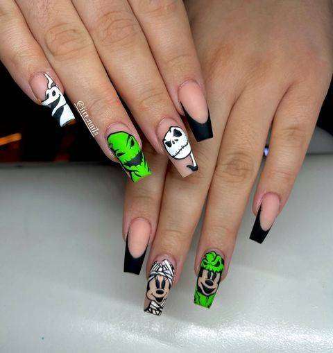 Oogie Boogie, Mickey Mouse And Jack Skellington Black Coffin Halloween Nails