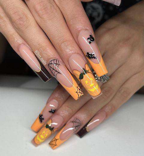 Halloween Orange And Black Coffin Nails With Disney French Tips