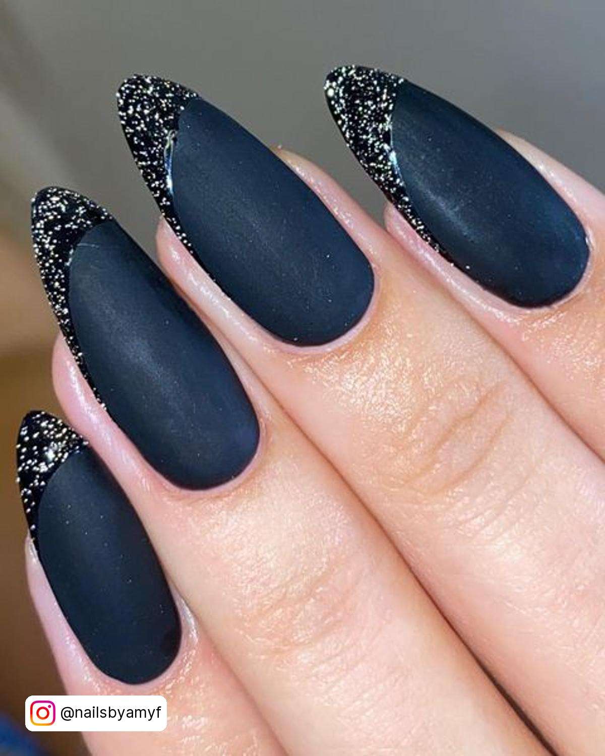 Black Matte Nails With Shiny Tip