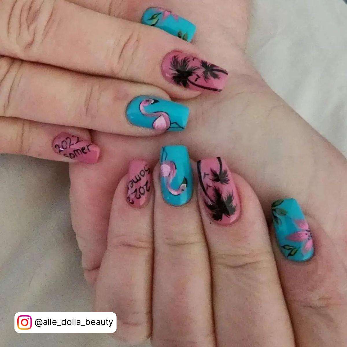 Blue And Pink Flamingo Nail Designs