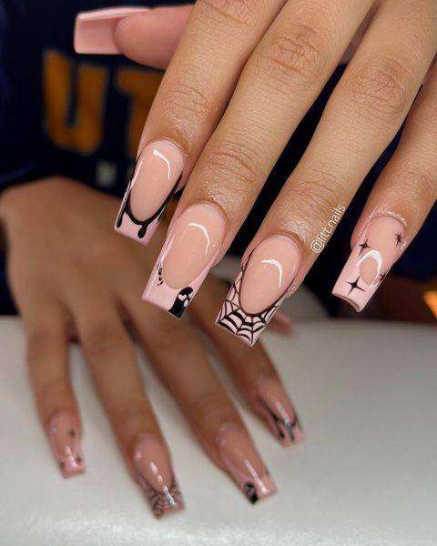 Pink French Tip Halloween Nails With Black Nail Art