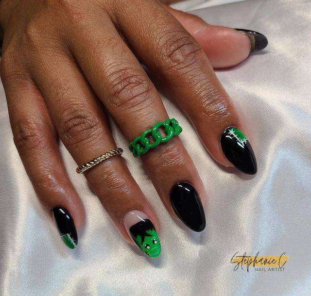 Frankenstein Black And Green Halloween Nails