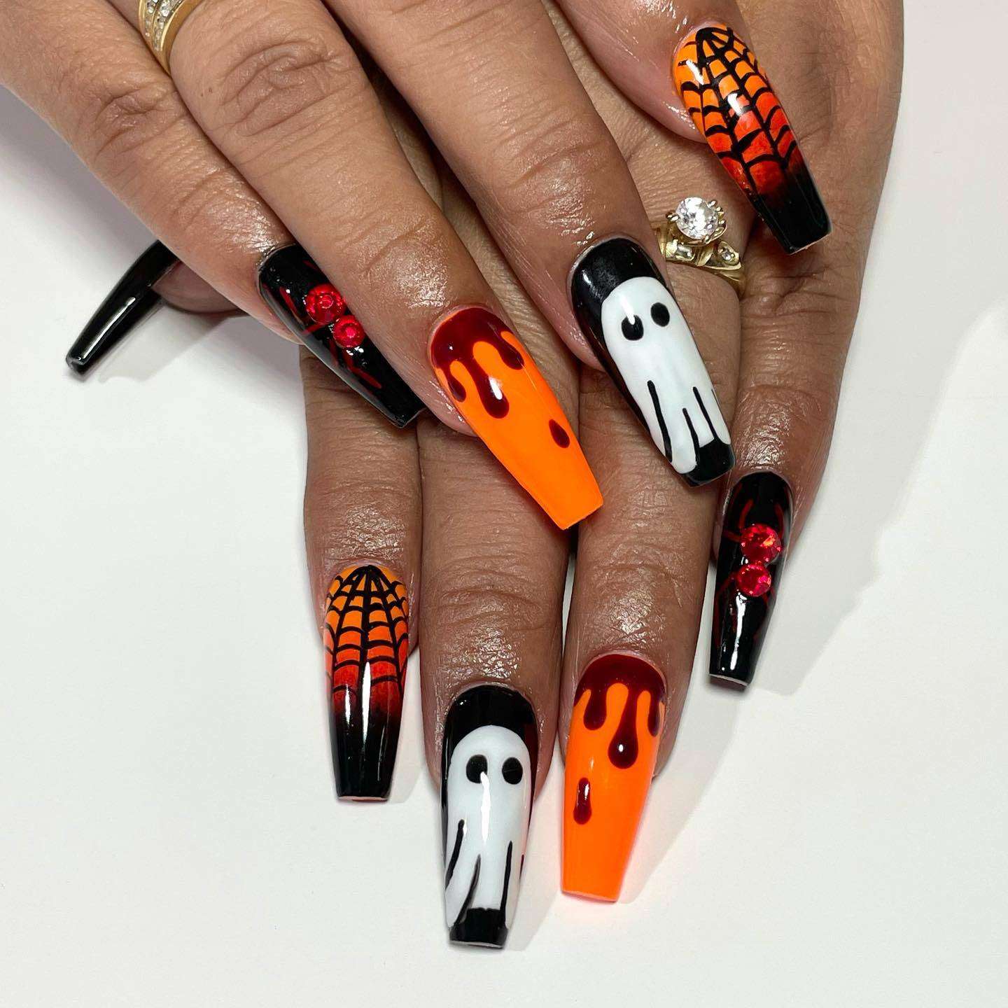 Creepy Ghost Black And Orange Halloween Nails