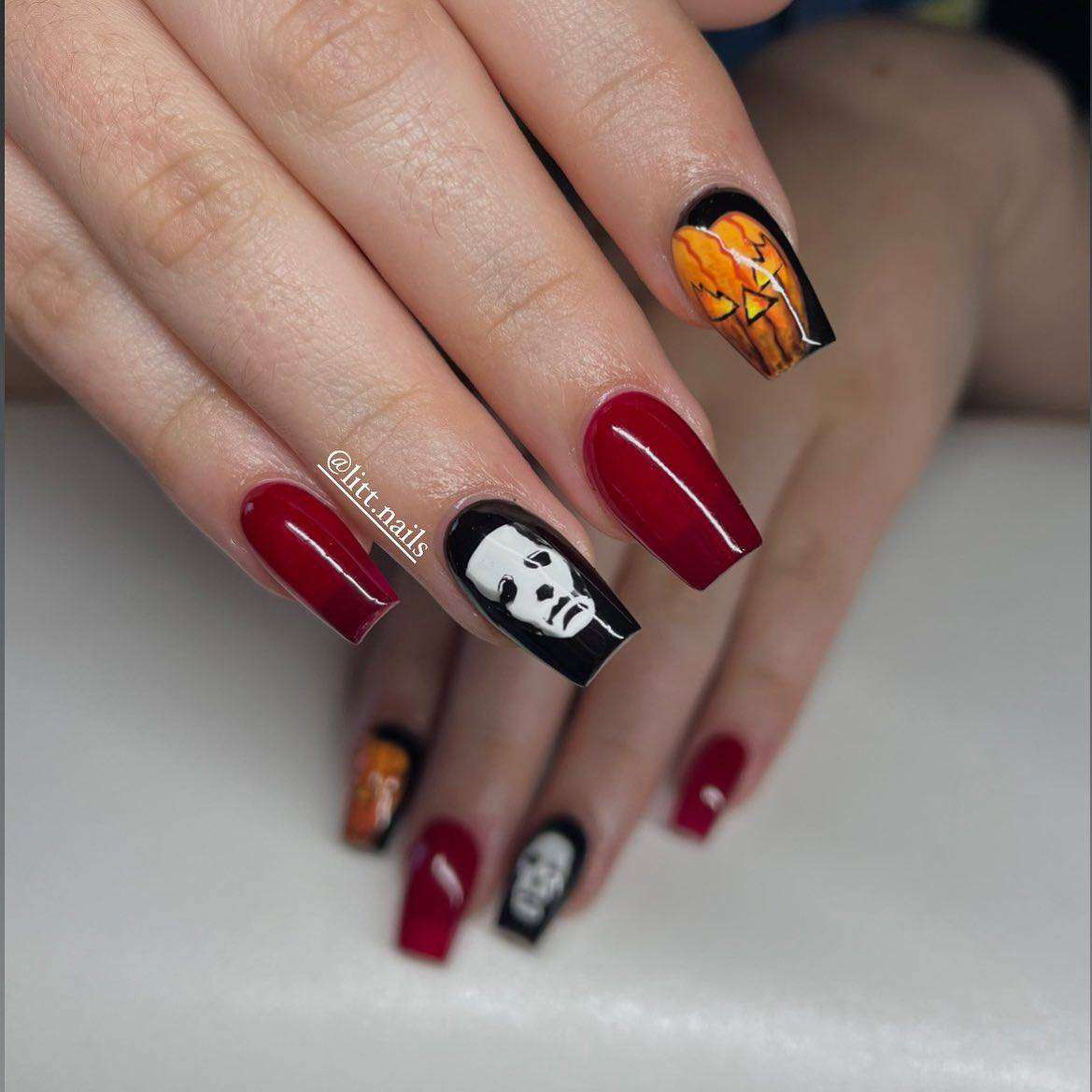 Short Coffin Red And Black Halloween Nails