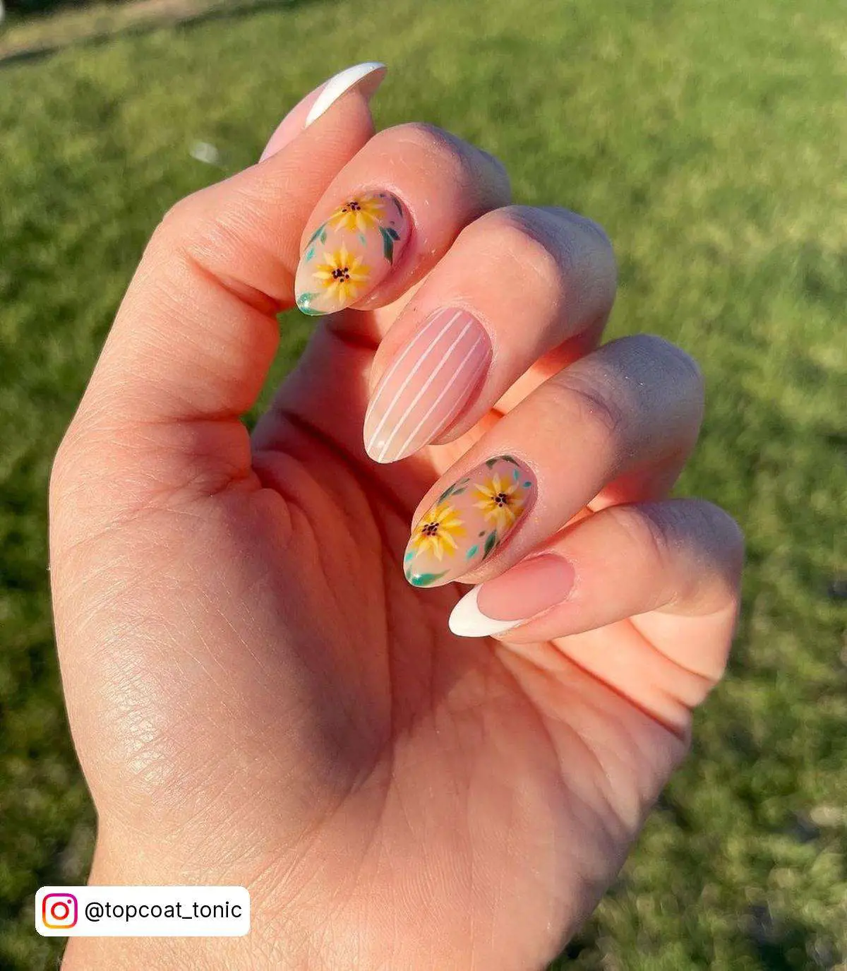French Tip Nails With Sunflower Design