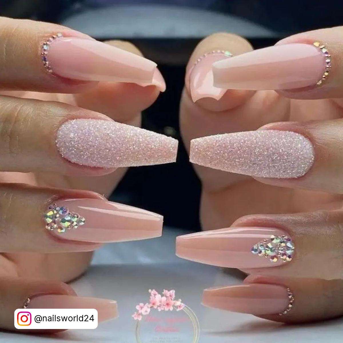 Light Pink Coffin Nails With Glitter