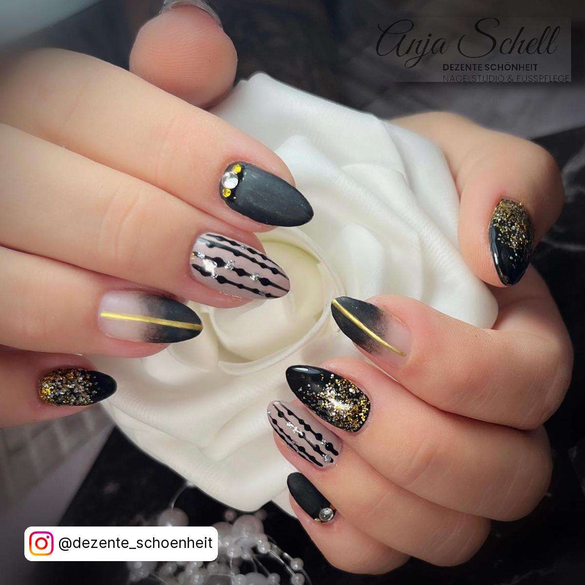 Matte Black And Gold Nails