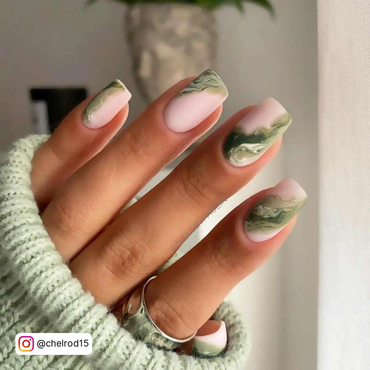 Matte Green And Pink Marble Nails