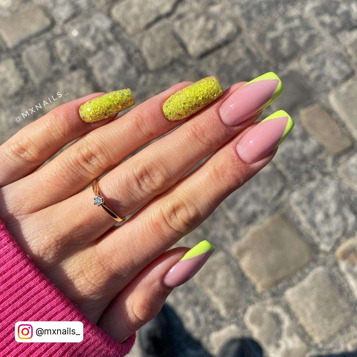 Neon Yellow Nails With Glitter