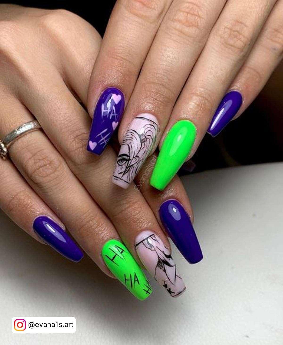 Purple And Green Joker Coffin Nails