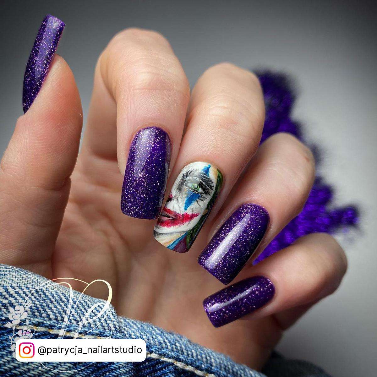 Purple Glitter Joker Nails