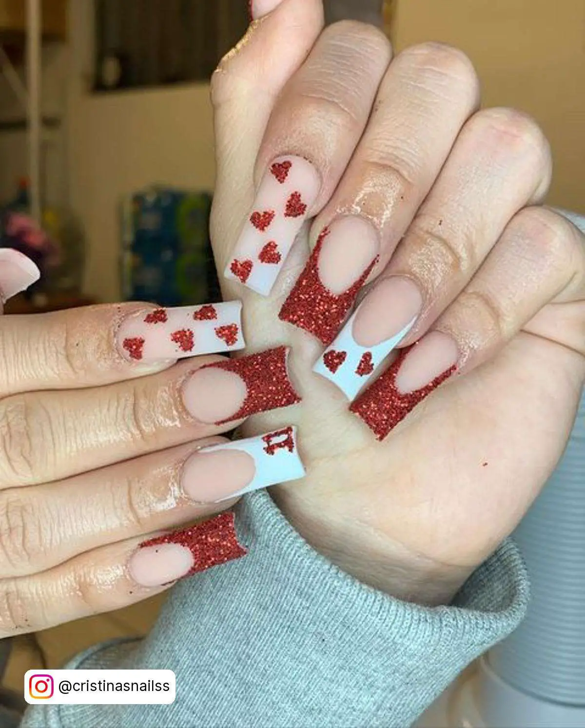 Red French Tip Nails With Glitter
