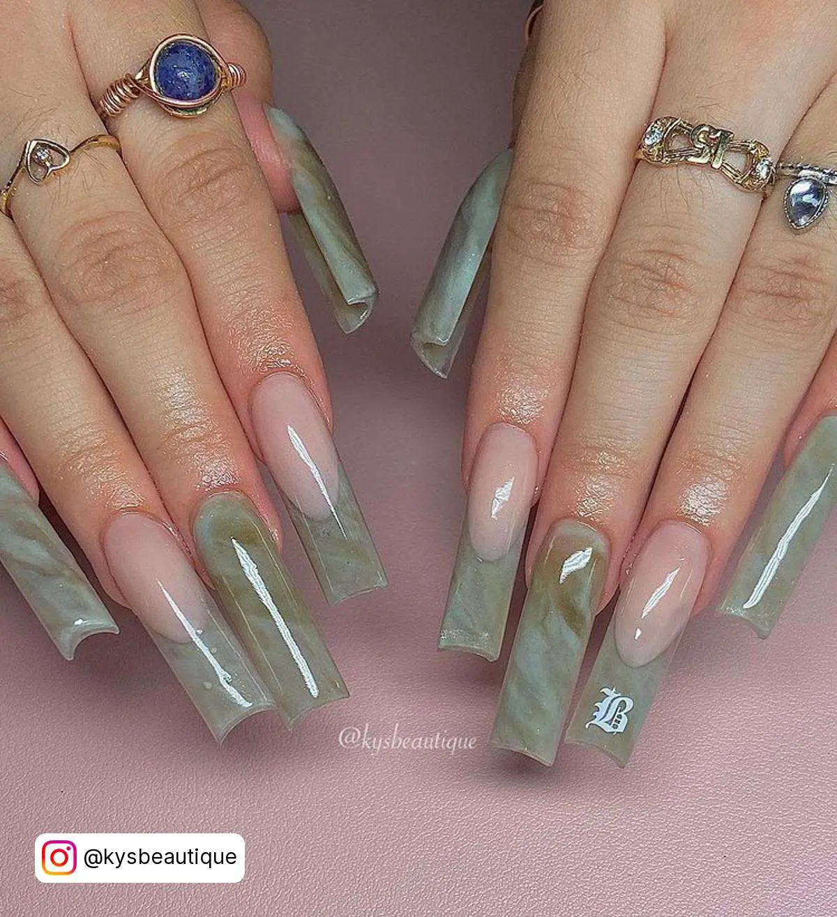 Sage Green Marble Nails