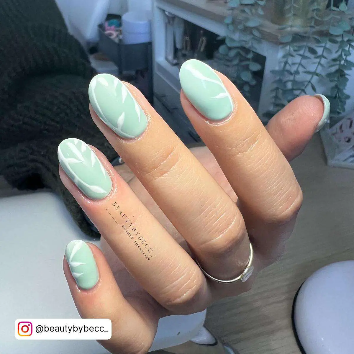 Sage Green Nails With Flowers