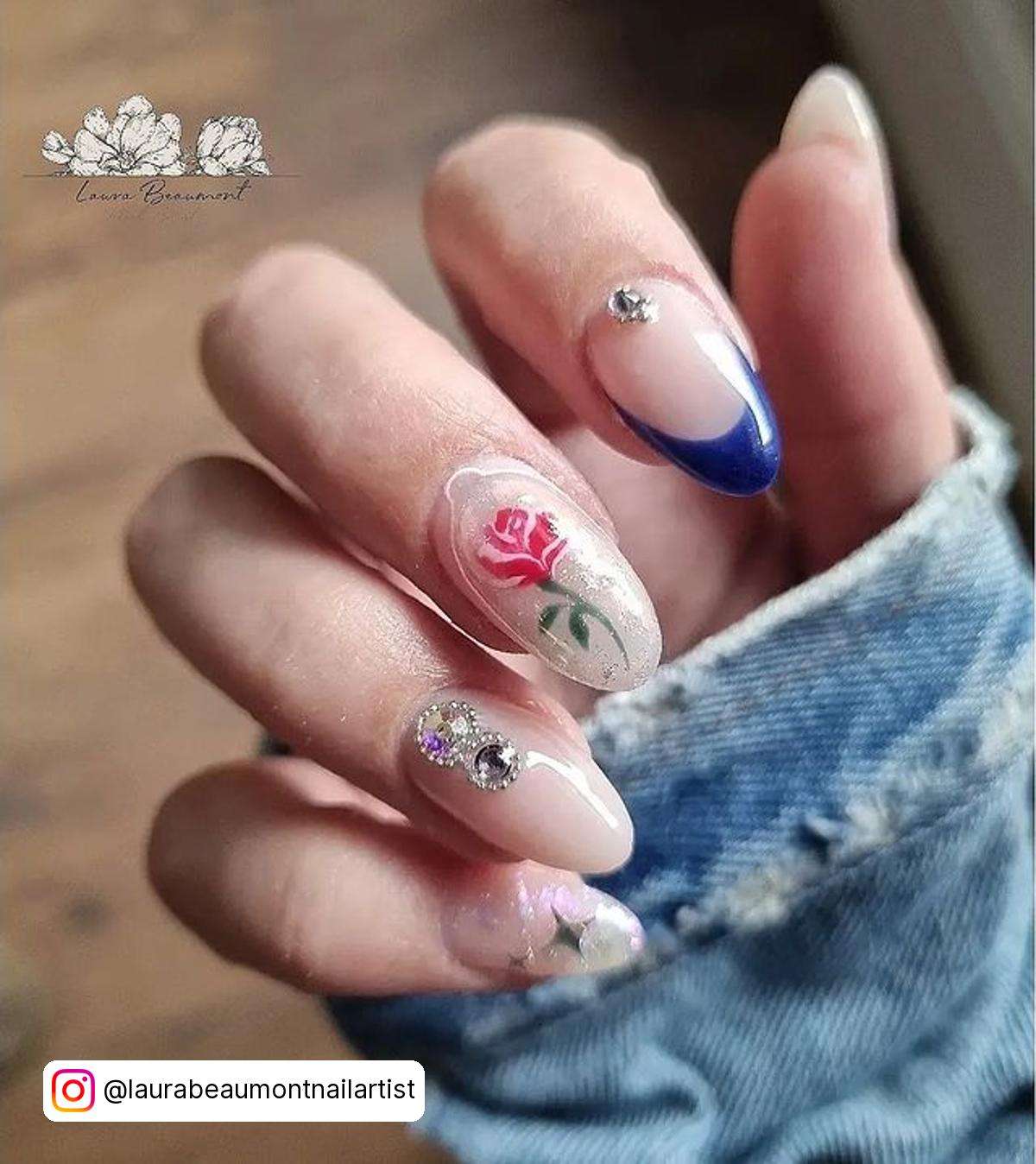 Simple Beauty And The Beast Nails With Rhinestones