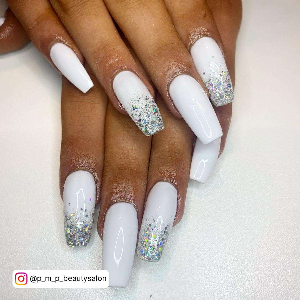 White Coffin Nails With Silver Glitter
