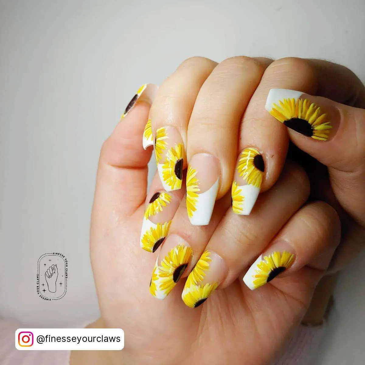 White Nails With Sunflower Design