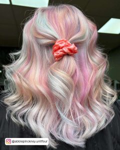 Pastel Pink, Pastel Orange And Blonde Wavy Opal Hair With Light Blue Highlights