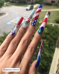 Very Long Red White And Blue Nail Art Designs Inspired By The American Flag.
