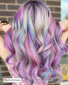 Platinum Blonde Hair With Colorful Lilac, Pink And Blue Highlights