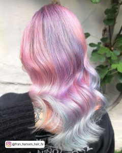 Long And Wavy Pastel Pink And Pastel Purple Opal Hair With Pastel Blue Ombre