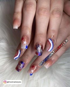 Red White And Blue Glitter Nail Designs On Nude Acrylic Nails
