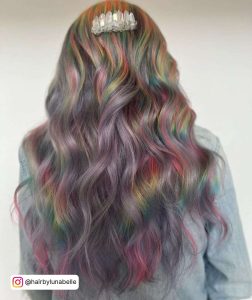 Ash Lilac Purple Hair With Pastel Opal Colored Highlights In Sections