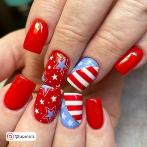 Red Square Tip Nails With Stars And The American Flag Design