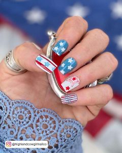 Stylish Square Tip Nails With Blue Red And White Stars And Stripes Nail Art Designs
