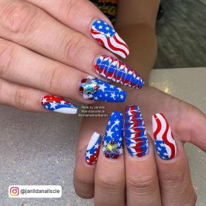 Red White And Blue Stars And Stripes Coffin Nails With Swirl Pattern And Marble Effect