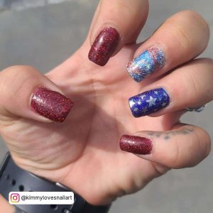 Deep Red And Blue Square Tip Glitter Nails
