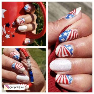 Red White And Blue American Flag Oval Nails With Glitter