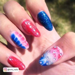 Red Blue And White Tie Dye Almond Nails