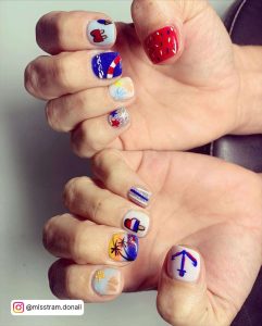 Short Red White And Blue Nautical Holiday Nails
