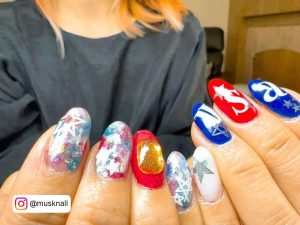 Acrylic Red White And Blue Usa Letter Nails With Glitter And Designs