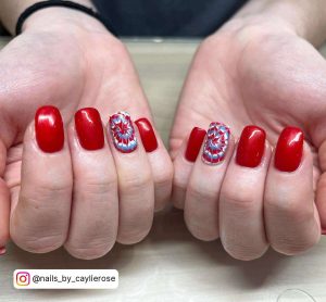 Short Red Nails With 4Th July-Inspired Feature Nail