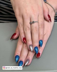 Red Blue And Silver Glitter Mountain Peak Nails