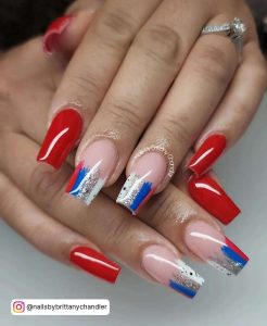 Acrylic Red Square Tip Nails With Silver Glitter And Blue French Tip Designs